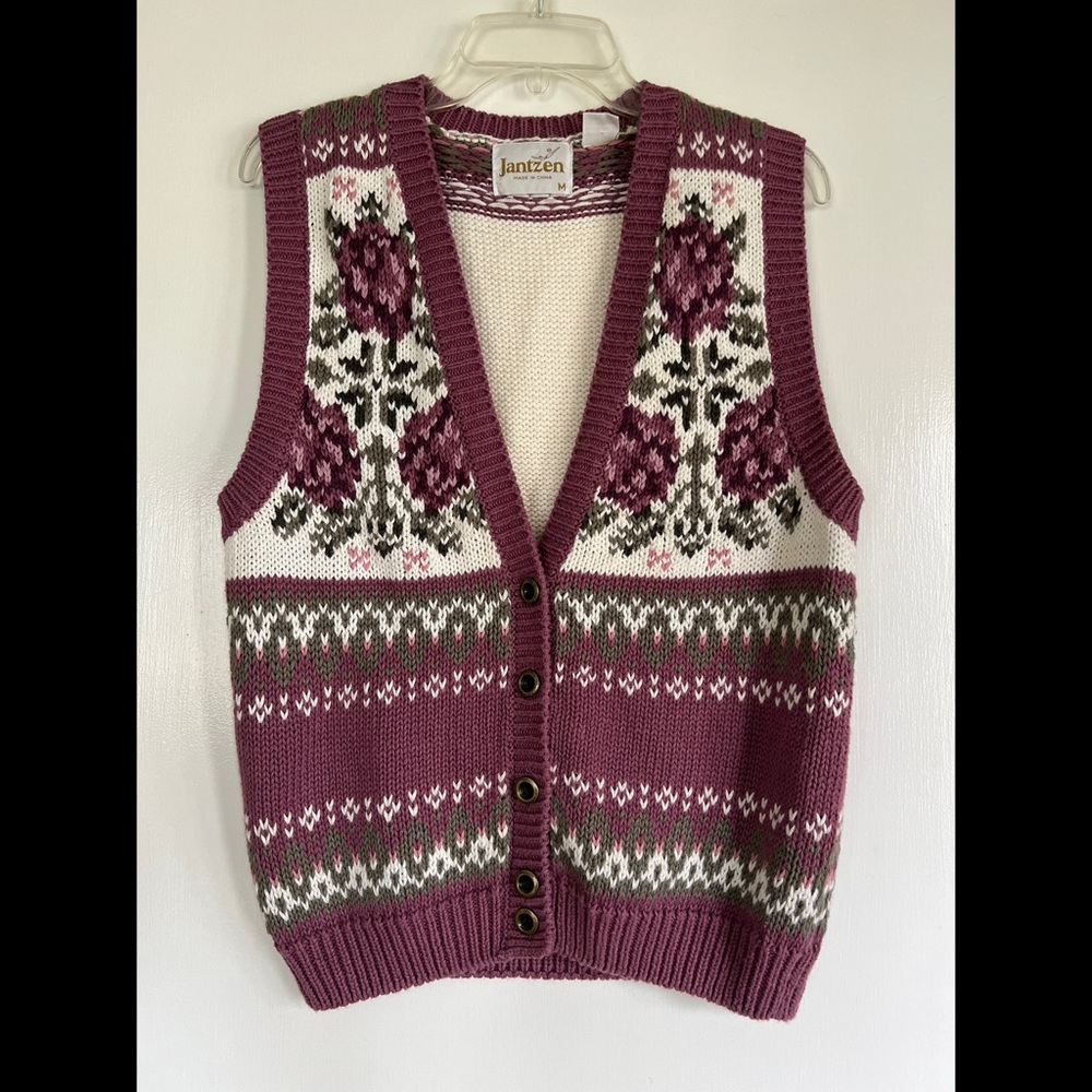Jantzen Purple Floral Knit Sweater Vest Medium